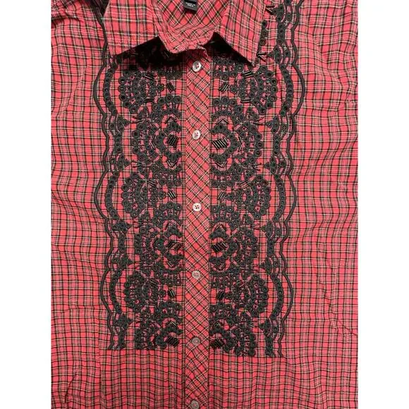 J Crew Shirt Womens 12P Embroidered Beaded Plaid Red Classic Holiday 100% Cotton - Picture 2 of 9